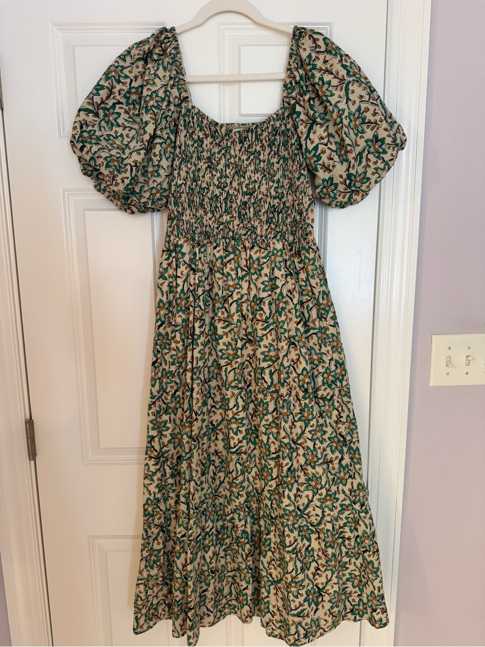 Smocked Puff-Sleeve Midi Dress in Green Floral